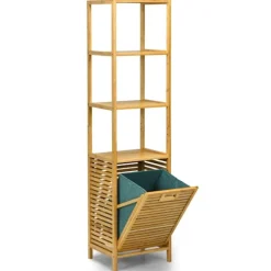 B2X Tvättillbehör-Högt badrumsskåp med tvättkorg av bambu med hyllplan perfekt för badrum 40 x 33 x 160 cm natur