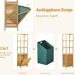 B2X Tvättillbehör-Högt badrumsskåp med tvättkorg av bambu med hyllplan perfekt för badrum 40 x 33 x 160 cm natur