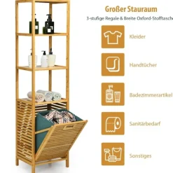 B2X Tvättillbehör-Högt badrumsskåp med tvättkorg av bambu med hyllplan perfekt för badrum 40 x 33 x 160 cm natur