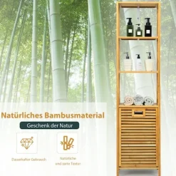 B2X Tvättillbehör-Högt badrumsskåp med tvättkorg av bambu med hyllplan perfekt för badrum 40 x 33 x 160 cm natur