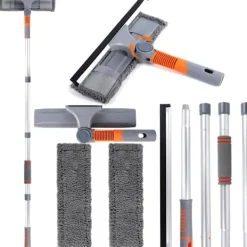 Fönsterrengöring-5-i-1 Professionell Fönsterskrapa, Fönsterrengöringskit med 2 Mikrofiberdukar och 162cm Teleskophandtag, med Flexibelt Huvud