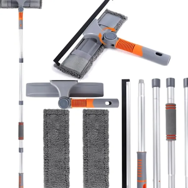 Fönsterrengöring-5-i-1 Professionell Fönsterskrapa, Fönsterrengöringskit med 2 Mikrofiberdukar och 162cm Teleskophandtag, med Flexibelt Huvud