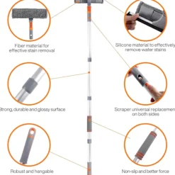 Fönsterrengöring-5-i-1 Professionell Fönsterskrapa, Fönsterrengöringskit med 2 Mikrofiberdukar och 162cm Teleskophandtag, med Flexibelt Huvud