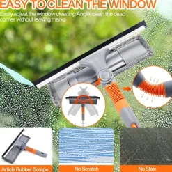 Fönsterrengöring-5-i-1 Professionell Fönsterskrapa, Fönsterrengöringskit med 2 Mikrofiberdukar och 162cm Teleskophandtag, med Flexibelt Huvud