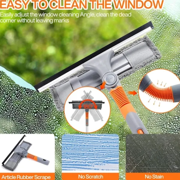 Fönsterrengöring-5-i-1 Professionell Fönsterskrapa, Fönsterrengöringskit med 2 Mikrofiberdukar och 162cm Teleskophandtag, med Flexibelt Huvud