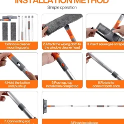 Fönsterrengöring-5-i-1 Professionell Fönsterskrapa, Fönsterrengöringskit med 2 Mikrofiberdukar och 162cm Teleskophandtag, med Flexibelt Huvud