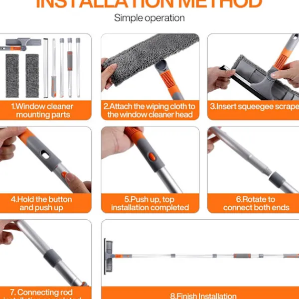 Fönsterrengöring-5-i-1 Professionell Fönsterskrapa, Fönsterrengöringskit med 2 Mikrofiberdukar och 162cm Teleskophandtag, med Flexibelt Huvud