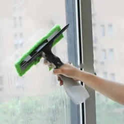 Fönsterrengöring-3-i-1 Spray-Skrapa Borste Vattenspray Fönsterrengörare Glasskrapa Torkare Mikrofiberdukset Grön