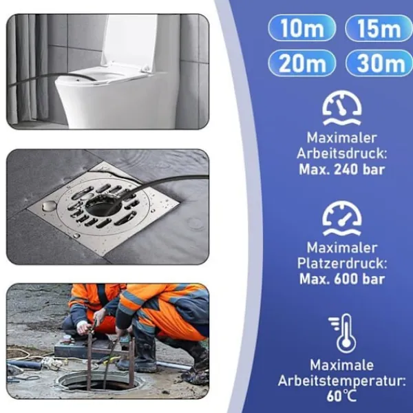 VRIETINA Högtryckstvättar-Kit förrengöring av rörledningar 15m, 240 Bar med M22-adapter + fasta + roterande munstycken, för tryckschakt K2-7