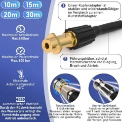 VRIETINA Högtryckstvättar-Kit förrengöring av rörledningar 15m, 240 Bar med M22-adapter + fasta + roterande munstycken, för tryckschakt K2-7