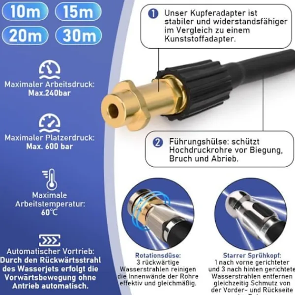 VRIETINA Högtryckstvättar-Kit förrengöring av rörledningar 15m, 240 Bar med M22-adapter + fasta + roterande munstycken, för tryckschakt K2-7