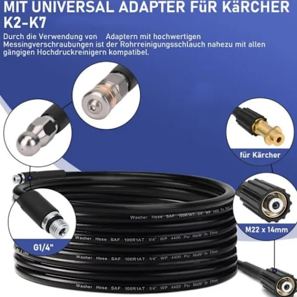 VRIETINA Högtryckstvättar-Kit förrengöring av rörledningar 15m, 240 Bar med M22-adapter + fasta + roterande munstycken, för tryckschakt K2-7
