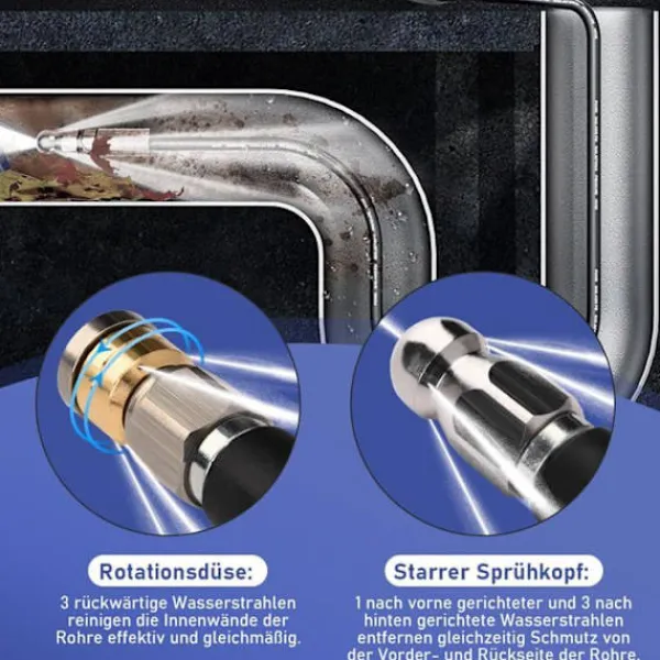 VRIETINA Högtryckstvättar-Kit förrengöring av rörledningar 15m, 240 Bar med M22-adapter + fasta + roterande munstycken, för tryckschakt K2-7