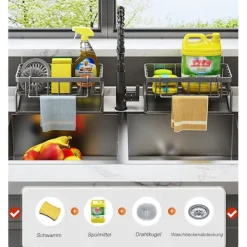 Tvättillbehör-Kök Organisatör, Rostfritt Stål Diskho Organisatör med Självdrenerande Avloppsfack för Svampställ, Handdukshållare, Svart.