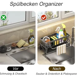 Tvättillbehör-Kök Organisatör, Rostfritt Stål Diskho Organisatör med Självdrenerande Avloppsfack för Svampställ, Handdukshållare, Svart.