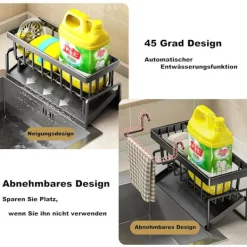Tvättillbehör-Kök Organisatör, Rostfritt Stål Diskho Organisatör med Självdrenerande Avloppsfack för Svampställ, Handdukshållare, Svart.