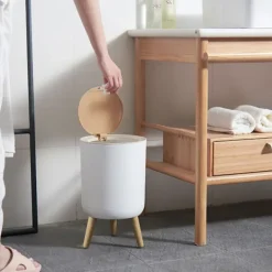 LBSS Soptunnor-7L Papperskorg Liten Soptunnor med Lock Press-typ och Träfötter, Nordiska Avfallskärl för Badrum, Sovrum, Hushållsbruk, Kontor