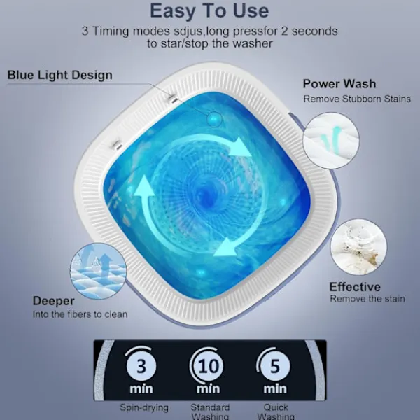 9054726972289 Tvättmaskiner-12L Portabel Tvättmaskin, 3 Djuprengöringslägen & Avtagbar. Vikbar Tvättmaskin för Lägenheter, Sovsalar
