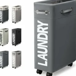 Tvättillbehör-45L Smal Hopfällbar Tvättkorg med 4 Hjul Smal Vikbar Tvättkorg Rektangulär Tvättkorg för Förvaring av Kläder Hemma (Mörkgrå)/NC/