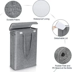 Tvättillbehör-45L Smalt Tvättkorg med Lock Vikbar Smalt Smalt Förvaringskorg