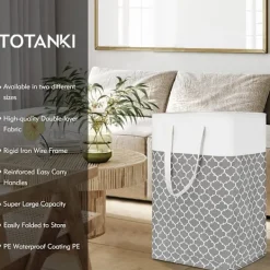 Tvättillbehör-80L Tvättkorg (Grå), Stor Tvättkorg med Förstärkta Långa Handtag, Fällbar Fristående Klädkorg, Vattentät Förvaringskorg för Be