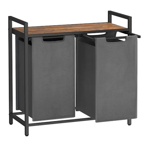 SONGMICS Tvättillbehör-Liten badrumshylla med två tvättkorgar - 92 liter - Grå / Brun