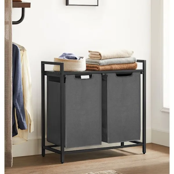 SONGMICS Tvättillbehör-Liten badrumshylla med två tvättkorgar - 92 liter - Grå / Brun