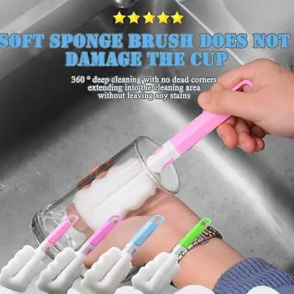 Svampar & Dukar-Lång hushållsborste för muggar med svamp, multifunktionell vattenflaskborste för glas