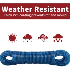 Tvättillbehör-50m Klädlina Stark Stålkärna Tvättlina - Röt-, Mögel- & Väderbeständig - Blå