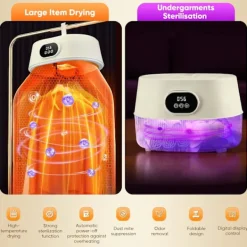 Torktumlare-Mini Elektrisk Klädtork med UV-Sterilisering 4 Lägen 600W Snabb Torkning Lågt Ljud 19dB Hängande Portabel Klädtork för Resor Hem Camping