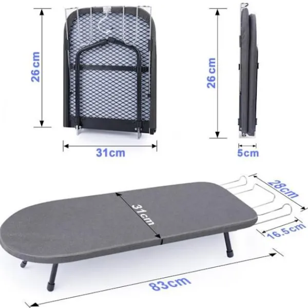 VRIETINA Strykjärn-Mini Strykbord, Fällbart Kompakt Strykbord, med Strykjärnsavlastning och Upphängningskrok, 83 x 31 cm,