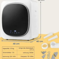 Northix Torktumlare-Minitorktumlare 5 kg med LED-pekskärm och desinfektions- och luktborttagningstork