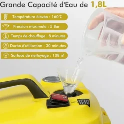 COSTWAY Ångtvättar-Multifunktionell Dammaskin 2000W för Vägglöss-5,0 BAR-15 Tillbehör och Manometrar-Reservoir 1,8L-Allhjul.