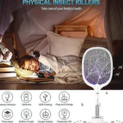 Skadedjur & Insekter-Myggsmälla, 2-i-1 3000V USB Uppladdningsbar Elektrisk Flugsmälla Med Laddningsbas Mot Myggor, Flugor, Insekter, Flugfångare