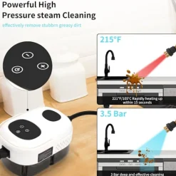 Ångtvättar-Ångrengörare, 2500W Högtemperatur Ångrengörare, Bärbar Ångrengöringsmaskin, 10S Snabb Uppvärmning, med 3 Borsthuvuden (Vit)