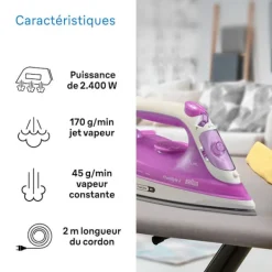 BRAUN Strykjärn-Ångstrykjärn - - FI3124PU Freestyle 3 - Effekt 2400 W - SuperCéramic Sula - Vattentank 270 ml - Självrengörande rosa och vitt