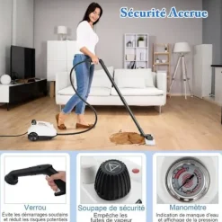 COSTWAY Ångtvättar-Ångtvätt 2000W för vägglöss 5BAR-19 Tillbehör-Reservoir 1,8L-Universaldäck-160℃-Autonomi 35 min-Vit