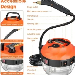 Generic Ångtvättar-Portabel ångrengörare, Brillsten, 2500 W, 1350 ml, 3 borsthuvuden, högt tryck