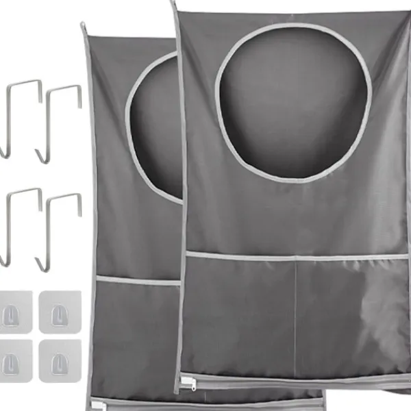Tvättillbehör-2-pack grå, hängande tvättkorg, dörrtvättkorg med ficka, dragkedja, hopfällbar, lätt hängande tvättväska för husbil, lägenhet, studentrum