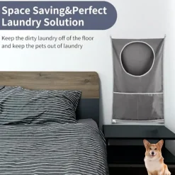 Tvättillbehör-2-pack grå, hängande tvättkorg, dörrtvättkorg med ficka, dragkedja, hopfällbar, lätt hängande tvättväska för husbil, lägenhet, studentrum