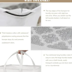Tvättillbehör-2-pack 75L tvättkorg med långa förstärkta handtag, fristående