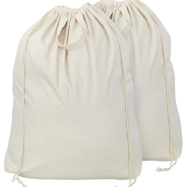 Tvättillbehör-2-pack naturliga bomullslinne tvättpåsar med bärhandtag och dragskostängning, maskintvättbara för tvättkorg eller korgar