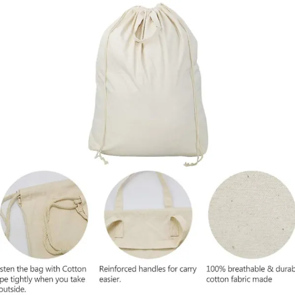 Tvättillbehör-2-pack naturliga bomullslinne tvättpåsar med bärhandtag och dragskostängning, maskintvättbara för tvättkorg eller korgar