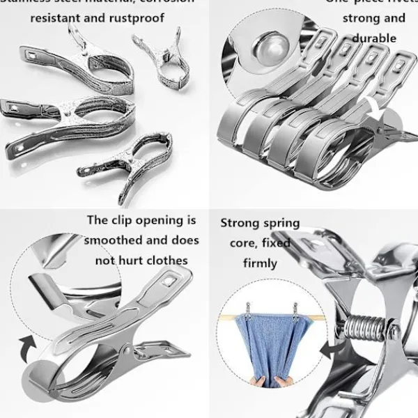 Tvättillbehör-10-pack rostfria klämmor för handdukar, badlakan, kläder, filtar, tunga kläder, vindtäta klämmor (silver)