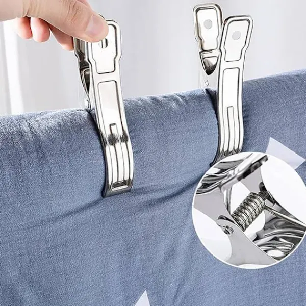 Tvättillbehör-10-pack rostfria klämmor för handdukar, badlakan, kläder, filtar, tunga kläder, vindtäta klämmor (silver)