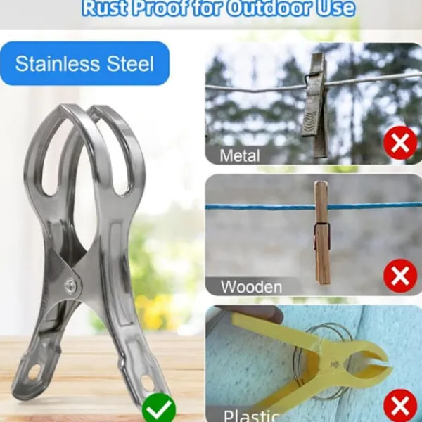 Tvättillbehör-10-pack Stora Klädnypor i Rostfritt Stål, Kraftiga Jätteklädnypor för Solstolar, Poolskydd