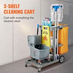 VEVOR Städmaskiner-Professionell hushållsvagn - - Rengöringsvagn - 3-vånings PVC-påse, Grå
