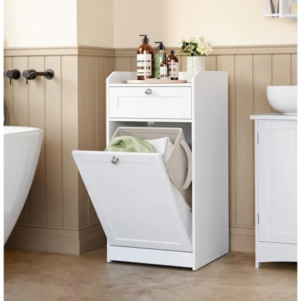 Rootz Living Tvättillbehör-Rootz badrumsskåp med tvättkorg - Förvaringsenhet - Organiseringsställ - MDF & polyestertyg - 40 cm x 40 cm x 80,2 cm