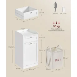 Rootz Living Tvättillbehör-Rootz badrumsskåp med tvättkorg - Förvaringsenhet - Organiseringsställ - MDF & polyestertyg - 40 cm x 40 cm x 80,2 cm