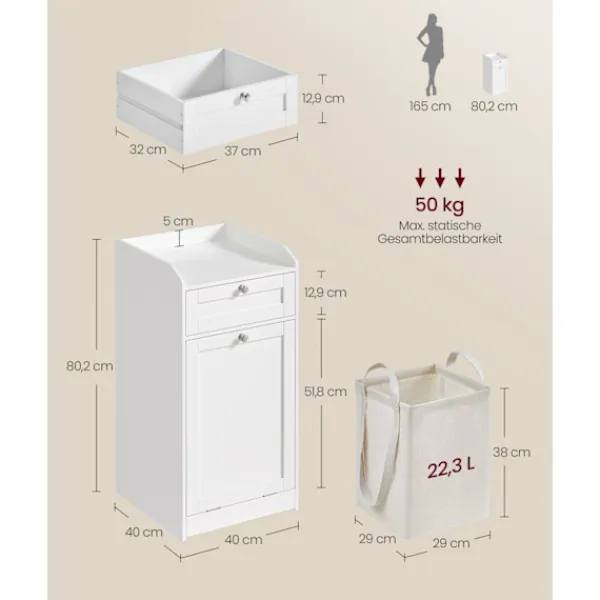 Rootz Living Tvättillbehör-Rootz badrumsskåp med tvättkorg - Förvaringsenhet - Organiseringsställ - MDF & polyestertyg - 40 cm x 40 cm x 80,2 cm